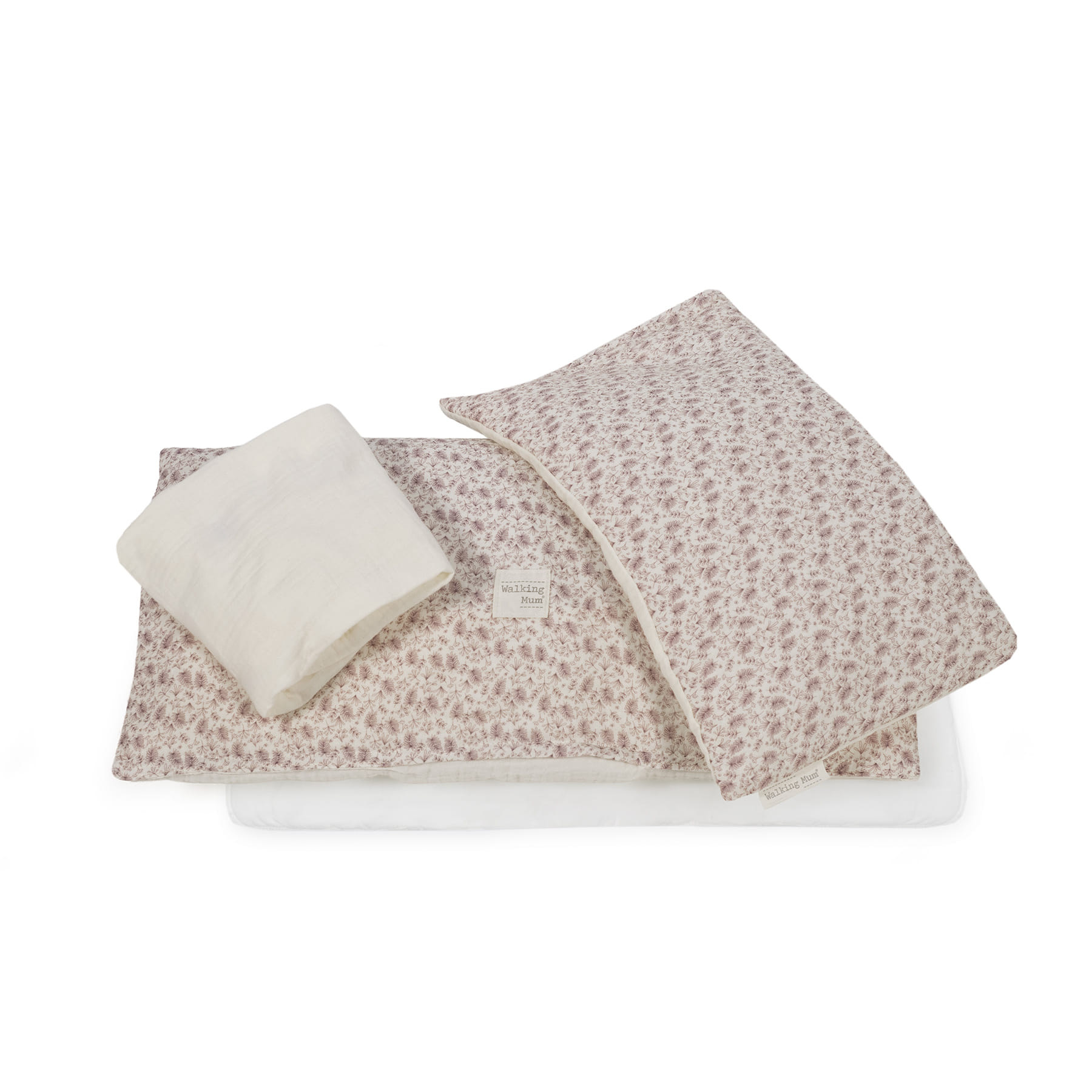 Jogo de cama para bebé com padrão floral rosa e tecido branco