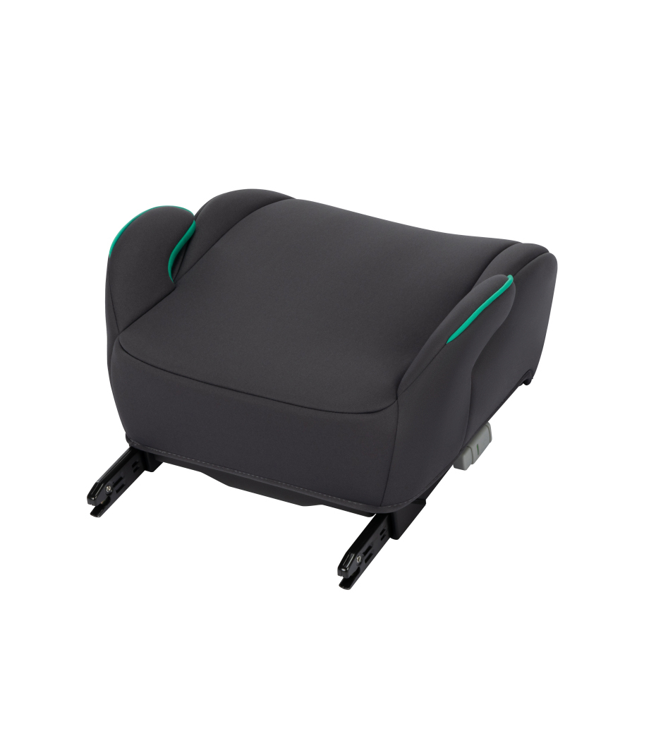 Assento elevatório cinzento escuro com detalhes verdes e fixação ISOFIX