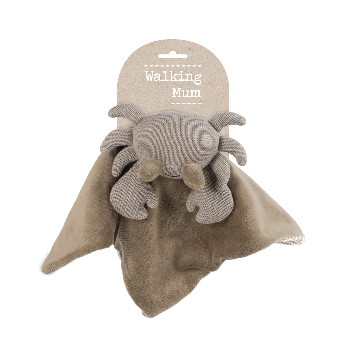 Brinquedo manta pelúcia caranguejo cinzento com etiqueta Walking Mum