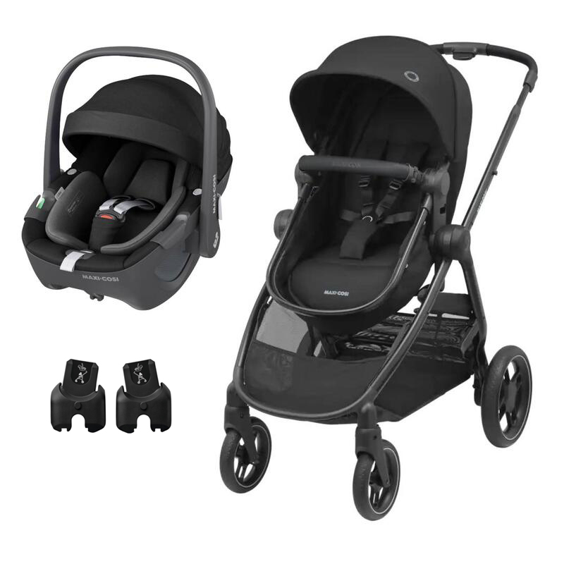 Carrinho de bebé preto com cadeira auto preta e dois adaptadores