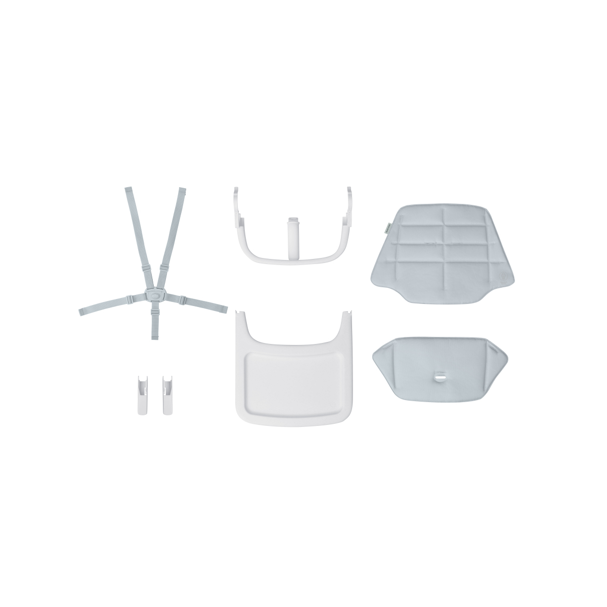 Conjunto de proteções e arnês branco para cadeira com almofadas e acessórios