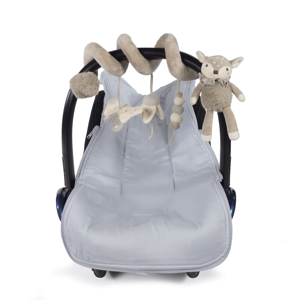 Cadeira de bebé cinzenta com móbil espiral bege