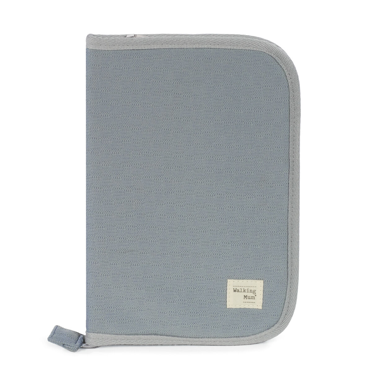 Estojo azul claro com fecho e etiqueta WALKING MUSE