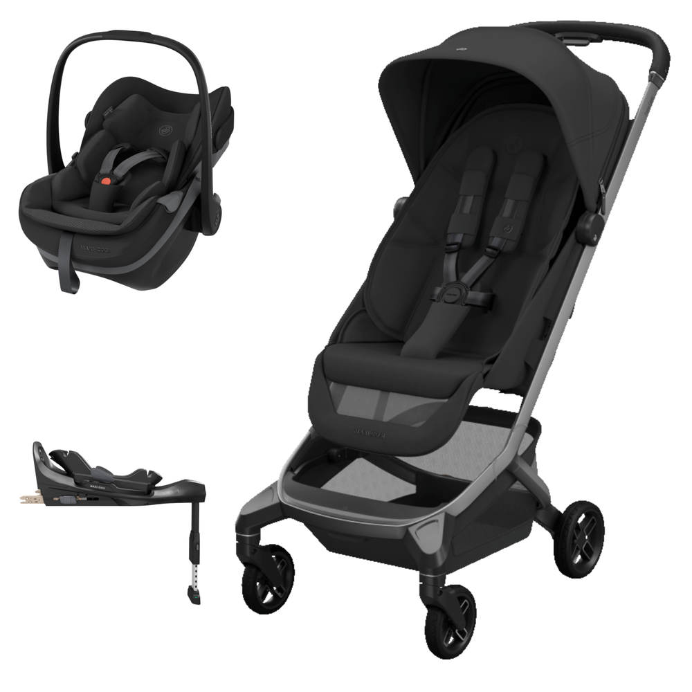 Carrinho de bebé preto com cadeira auto e base de fixação