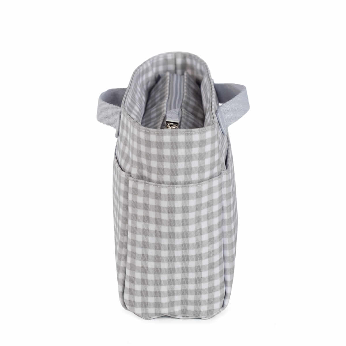 Mala xadrez cinza branco vista de lado