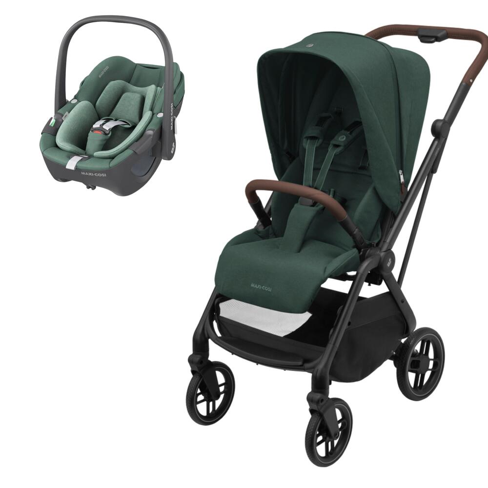 Carrinho de bebé verde escuro com cadeira auto combinada da mesma cor