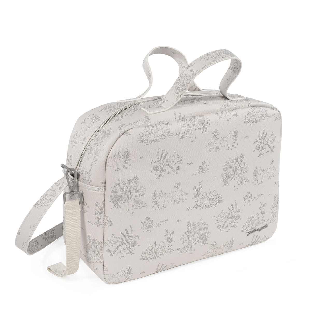 mala de mão clara com padrão floral cinzento e alças