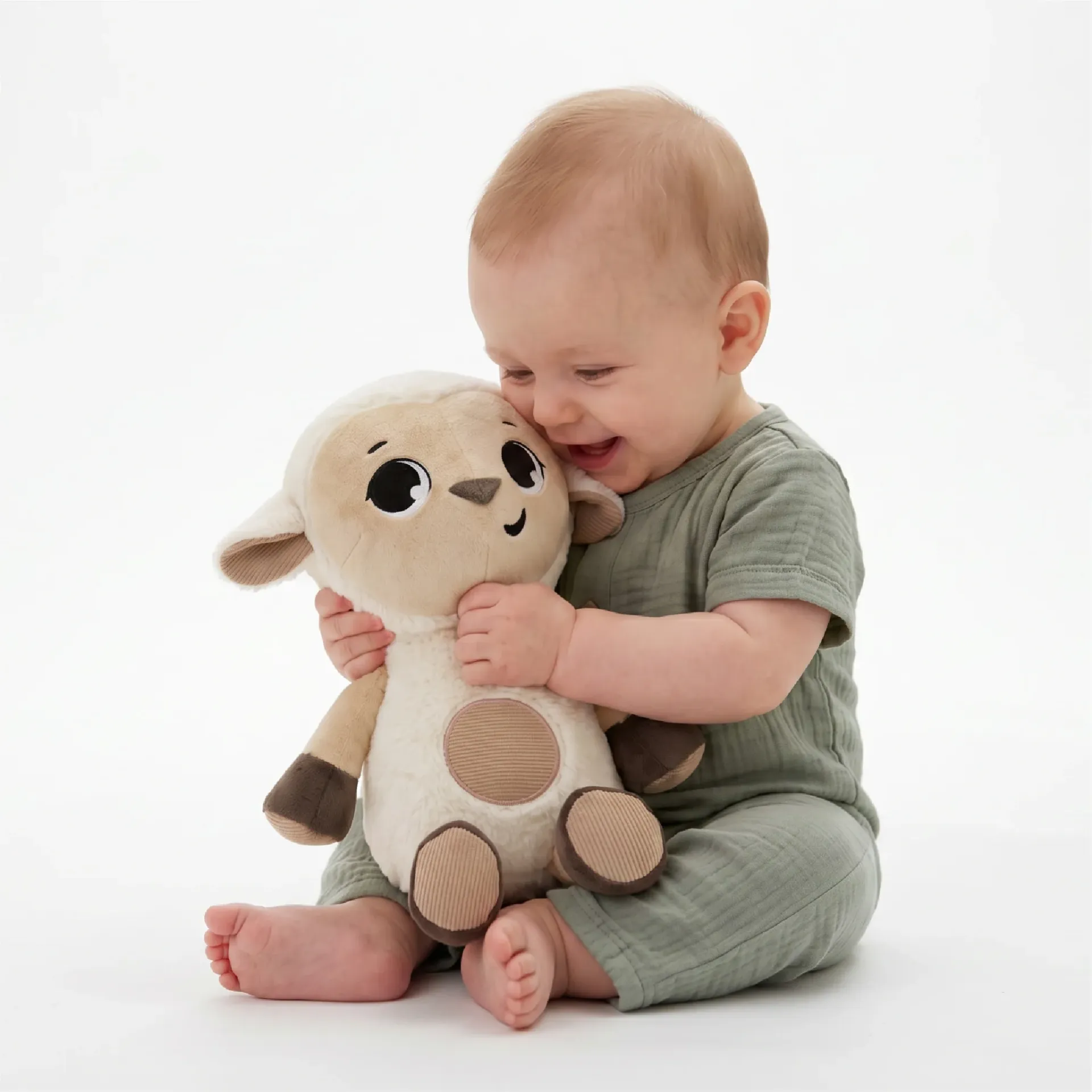 Bebé a abraçar brinquedo de pelúcia ovelha sentado