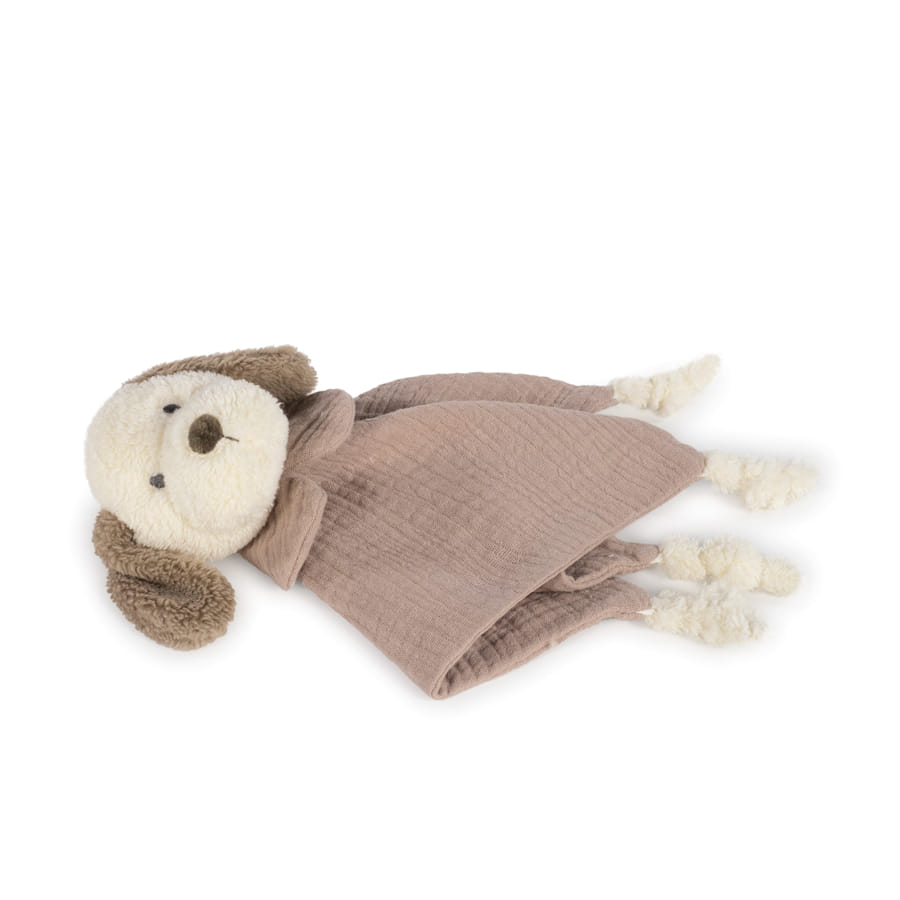 Boneco de peluche tipo cão em tecido macio e corpos texturado castanho claro