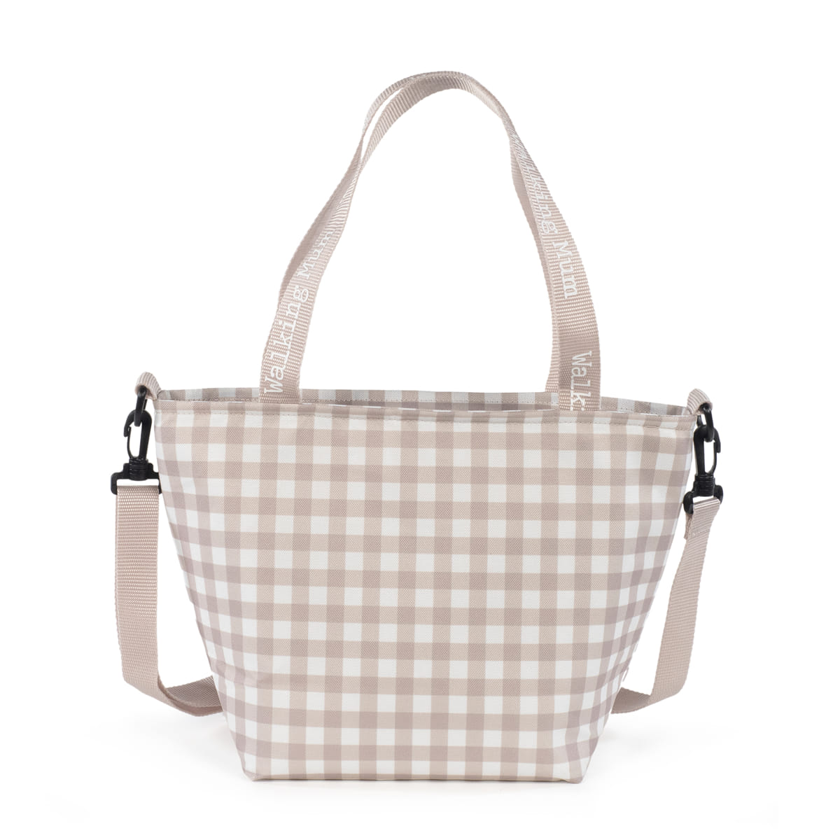 Saco de mão bege e branco com padrão xadrez e alças bejes