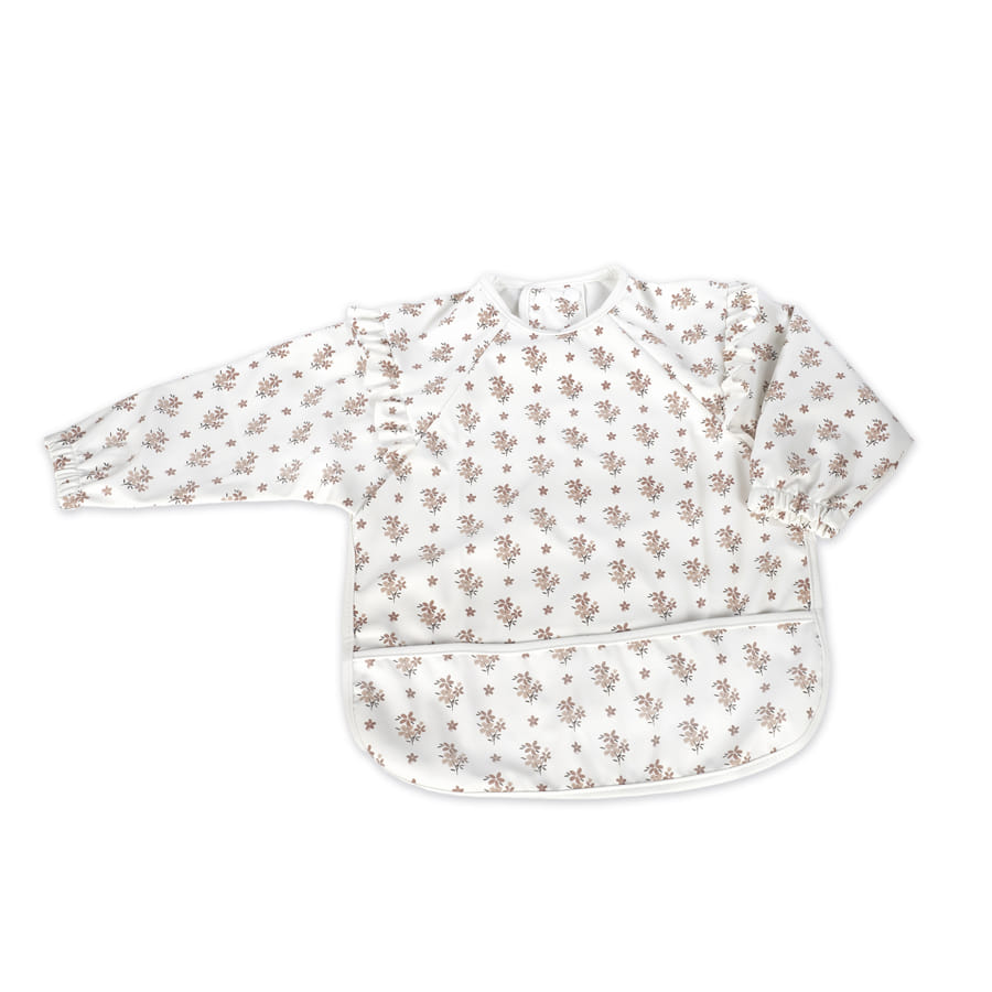 Babete de manga comprida branco com padrão floral castanho e bolso frontal