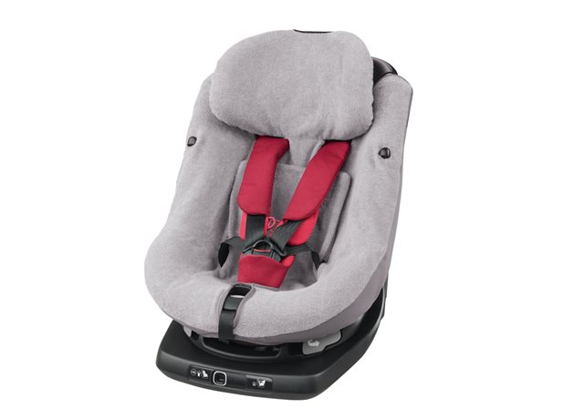 cadeira de criança cinza com cintos vermelhos para automóvel