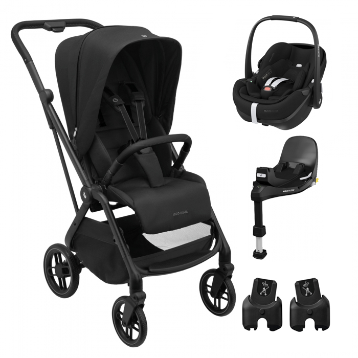 Carrinho de bebé preto com cadeira auto e acessórios