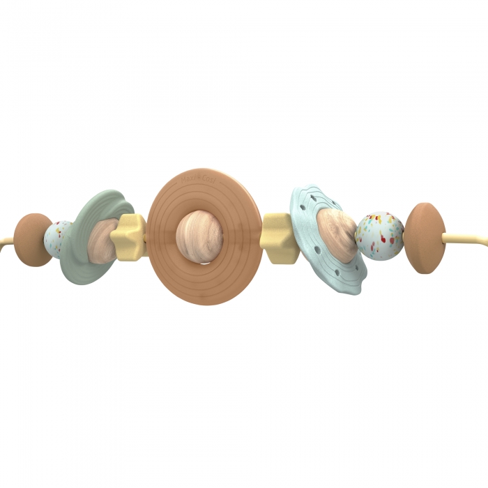 Brinquedo infantil em madeira e silicone colorido pastel com formas redondas e hexagonais