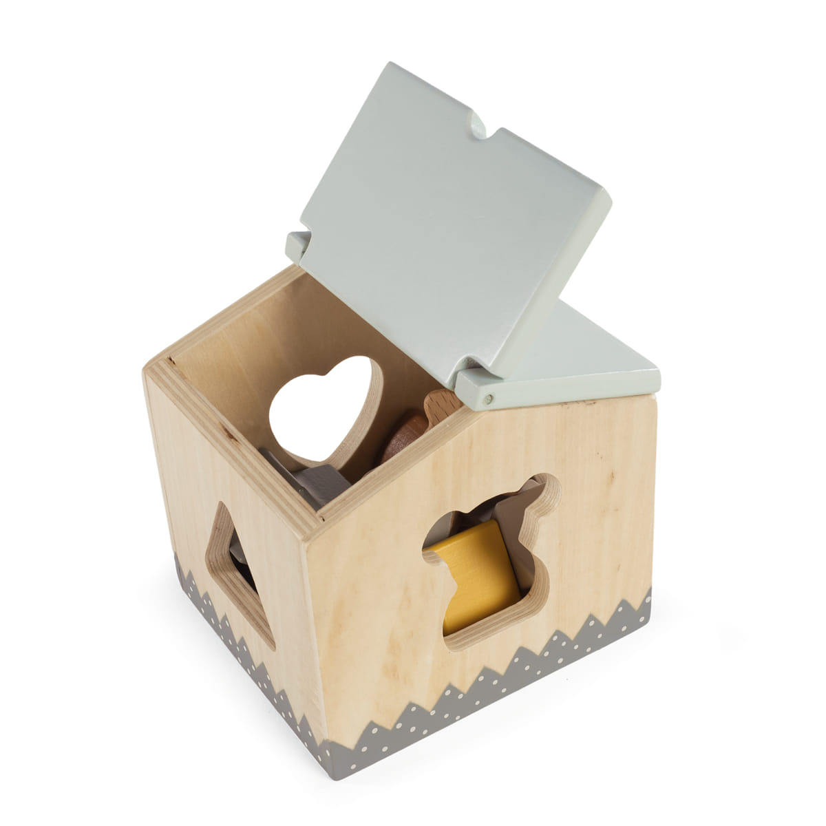 Brinquedo de encaixe de madeira em forma de casa com formas coloridas