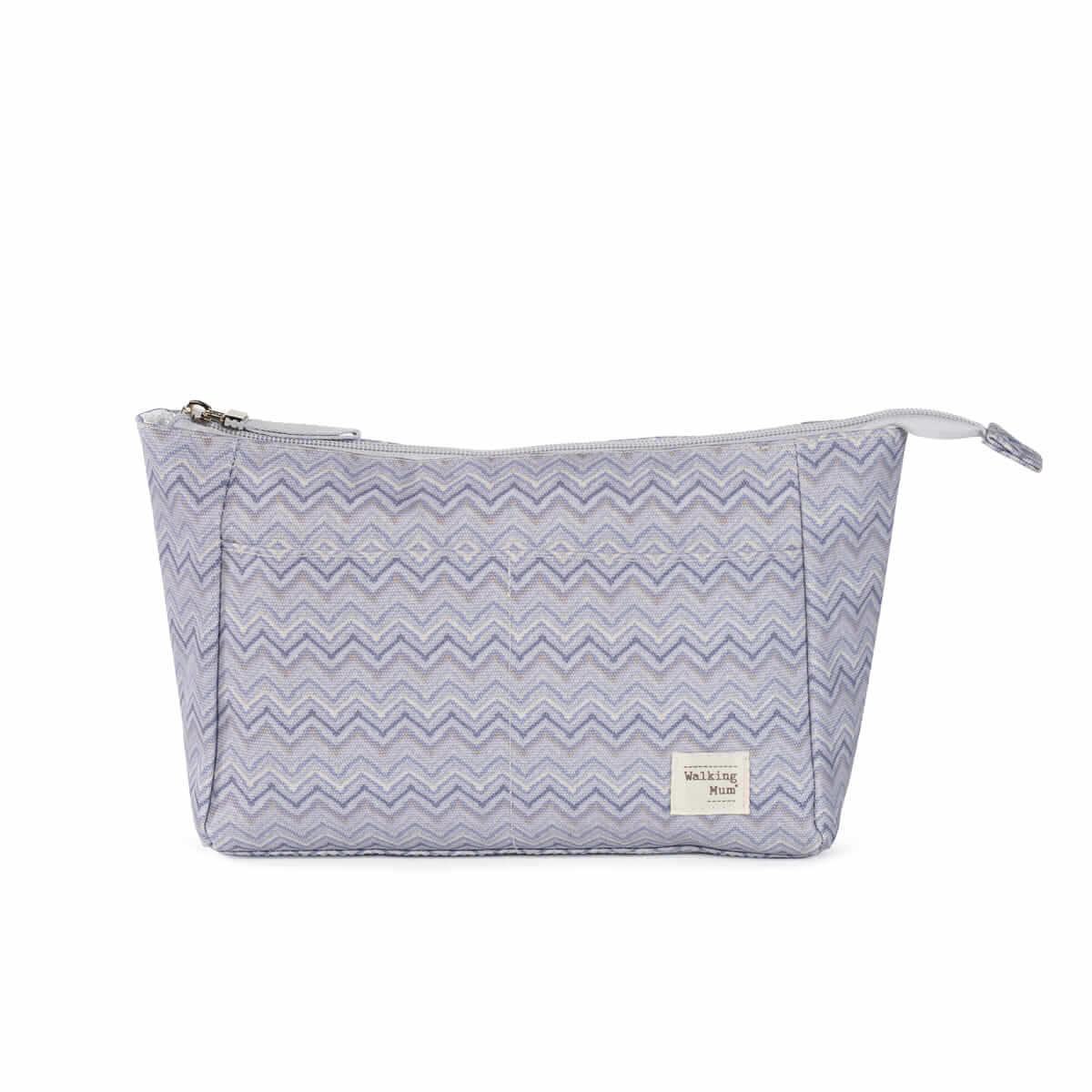 Bolsa de tecido cinza e lilás com padrão zig-zag e fecho de correr