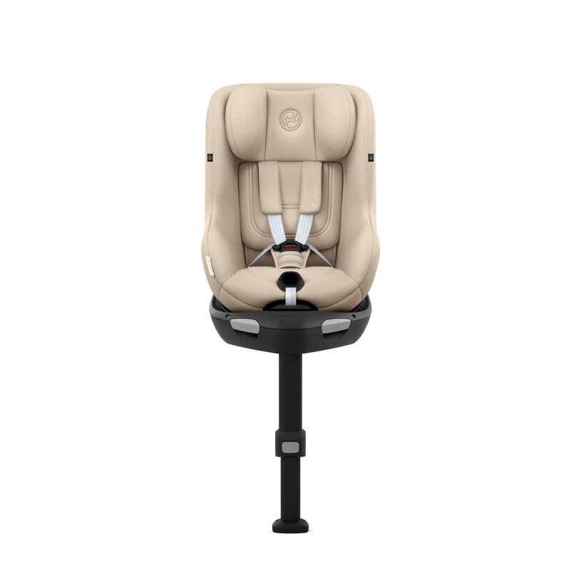 Cadeira auto para bebé bege com arnês branco e base preta ajustável