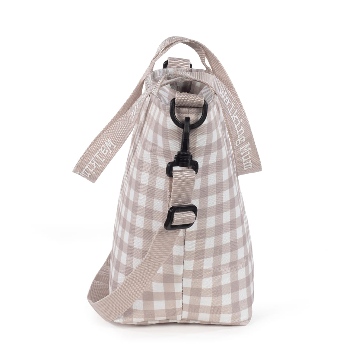 Mala xadrez bege e branco com alças ajustáveis e gancho preto ao lado