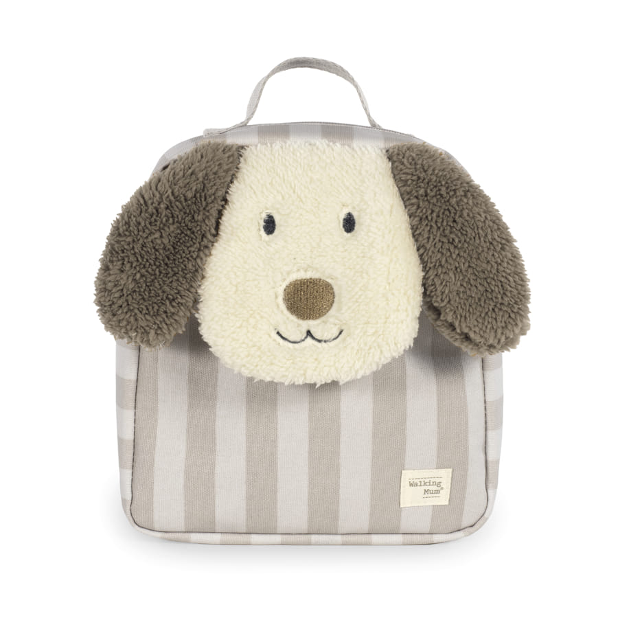 Mochila infantil cinza com aplique de cachorro felpudo