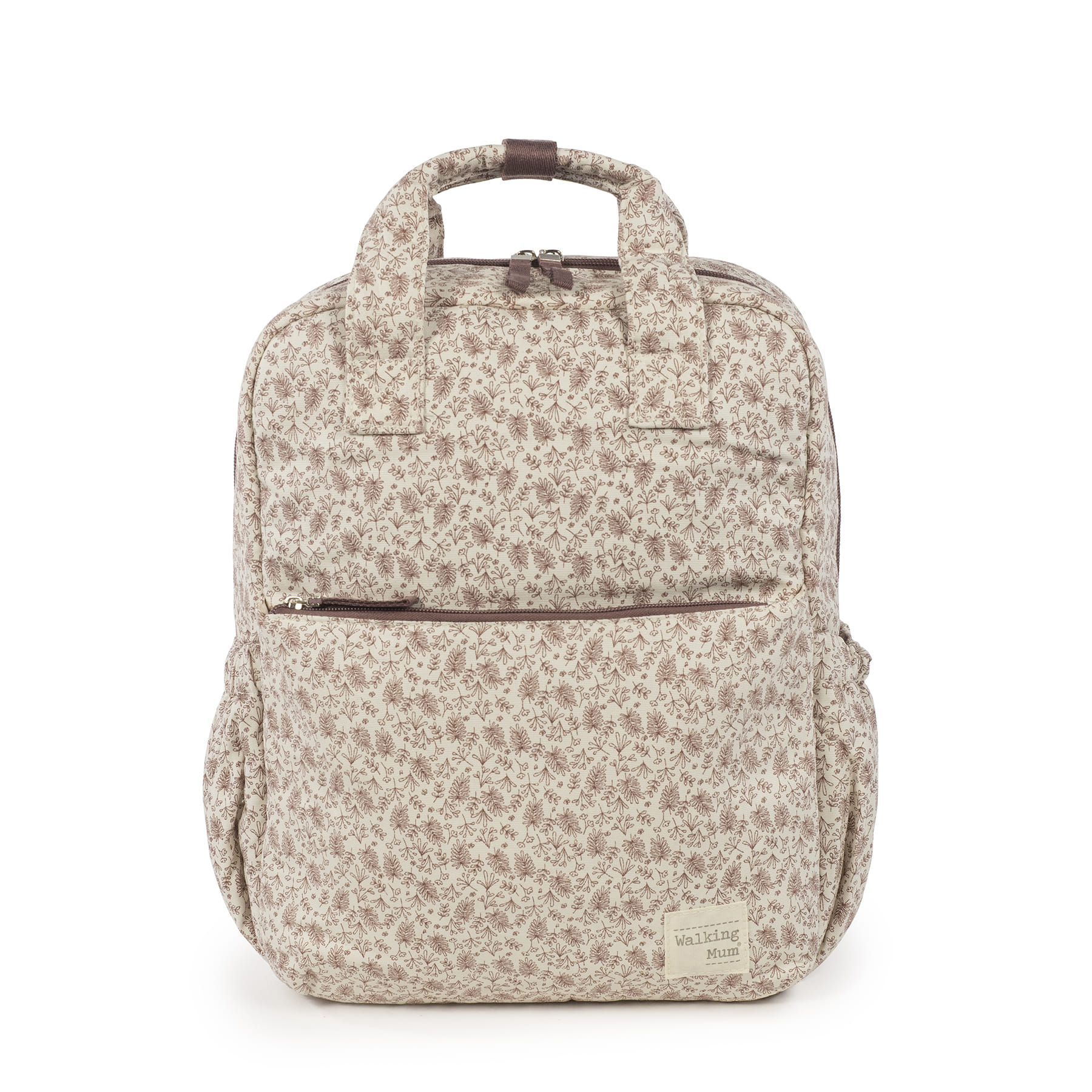 Mochila bege com padrão floral castanho e etiqueta Walking Mum