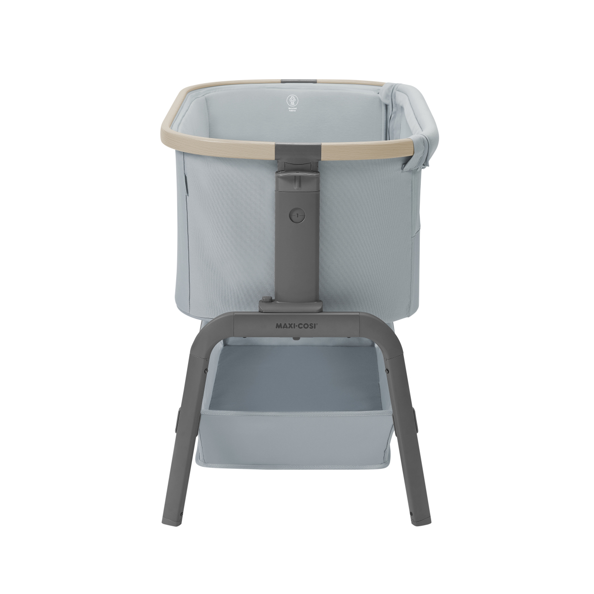 Berço portátil para bebé cinzento claro com estrutura cinzenta escura e topo em madeira clara