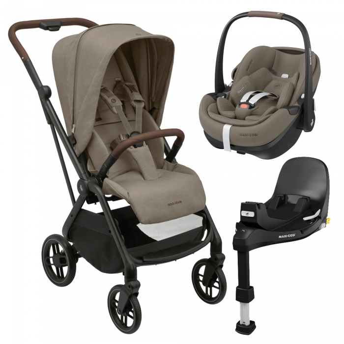 Carrinho de bebé, bebé conforto e base Isofix MAXI-COSI em tecido bege e armação preta