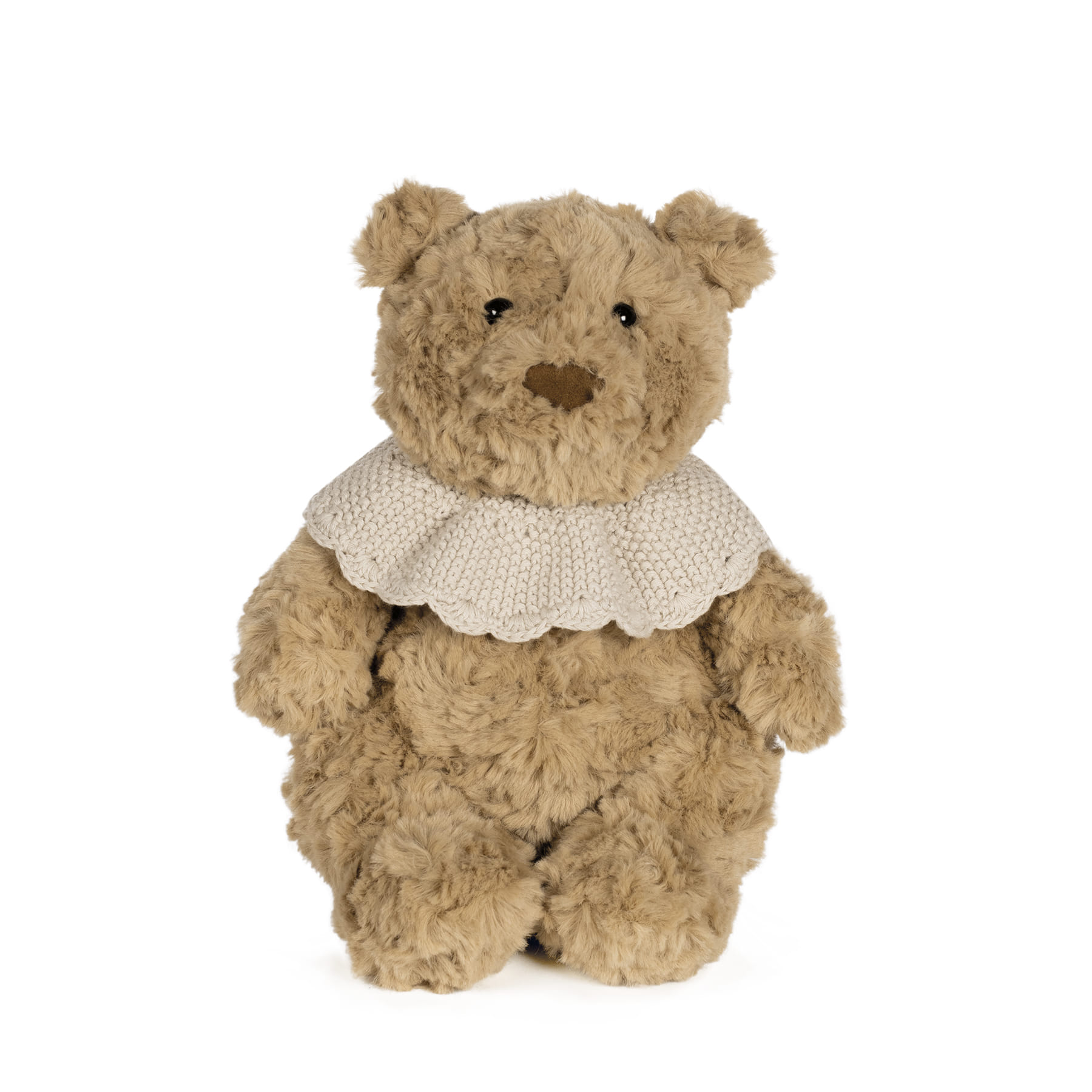 Urso de peluche castanho claro com gola branca em malha