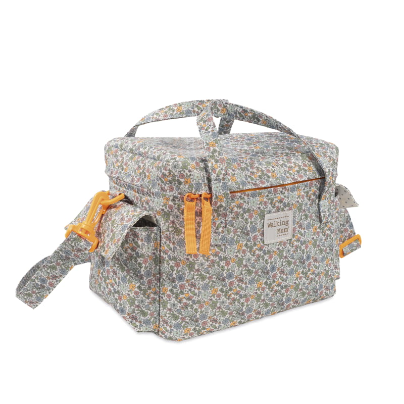 Saco de transporte floral cinza com fechos zip laranja e alça ajustável