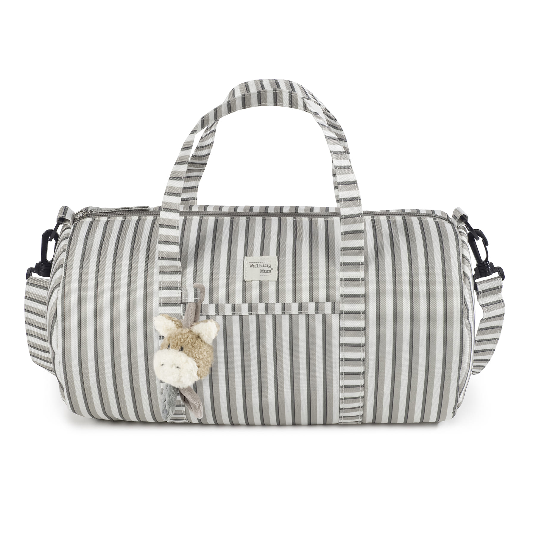 Mala de maternidade às riscas com etiqueta Walking Mum e peluche