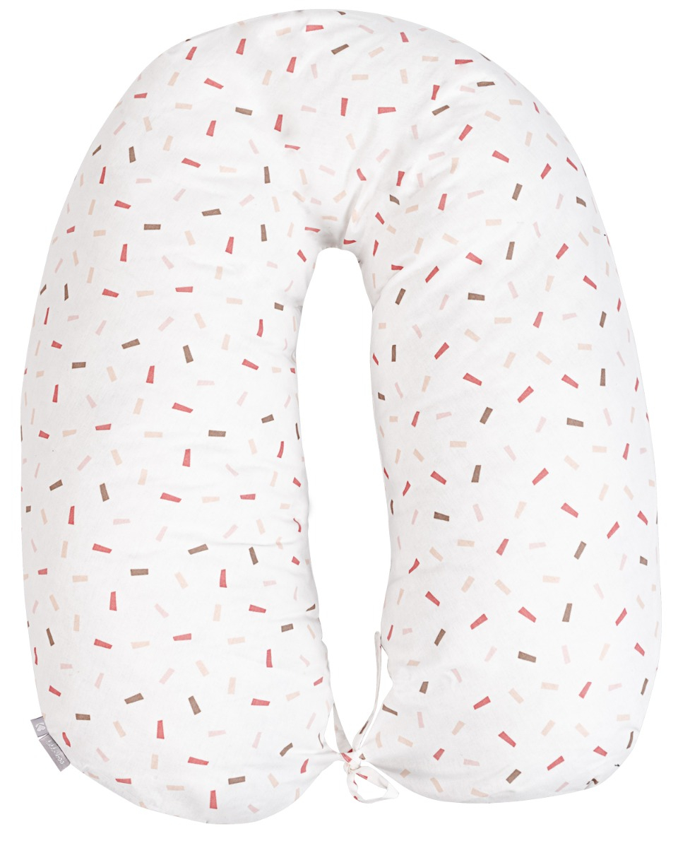 Almofada em forma de U branca com padrão de traços coloridos e cordões para ajuste