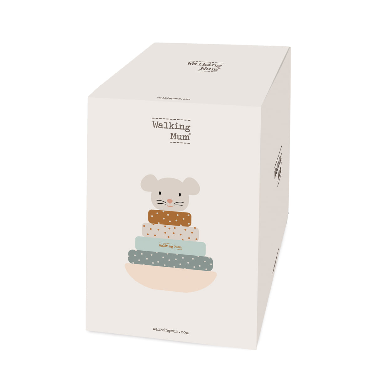 Embalagem branca com ilustração de rato e blocos, texto Walking Mum