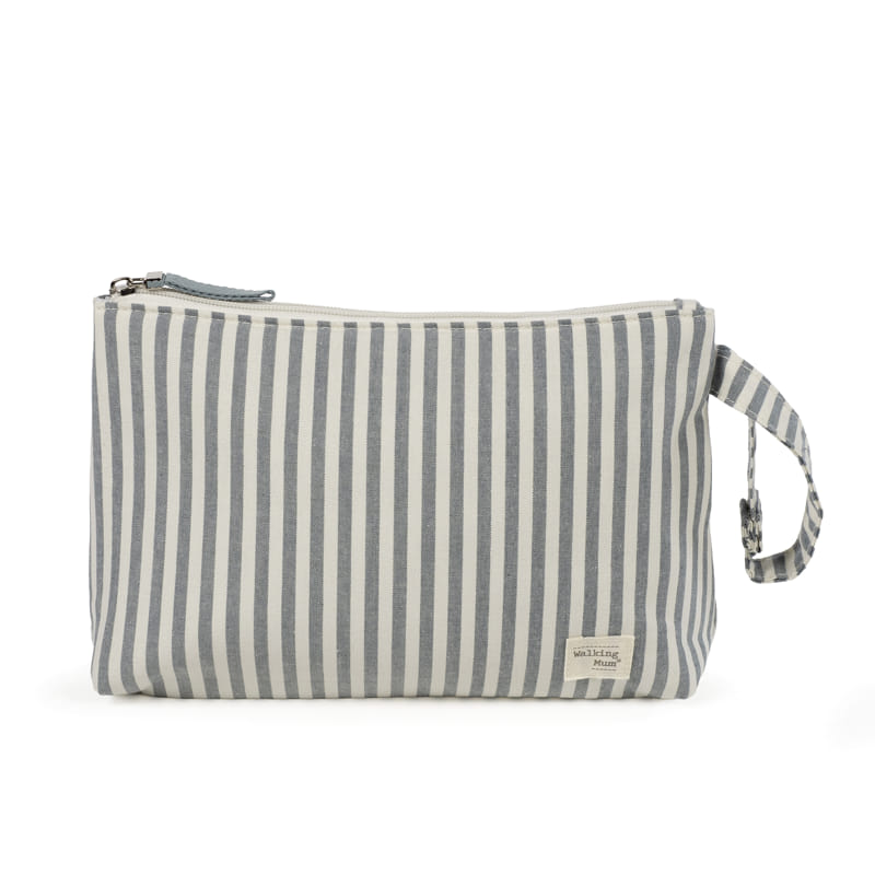 Bolsa de tecido riscada cinza e branco com fecho e alça lateral