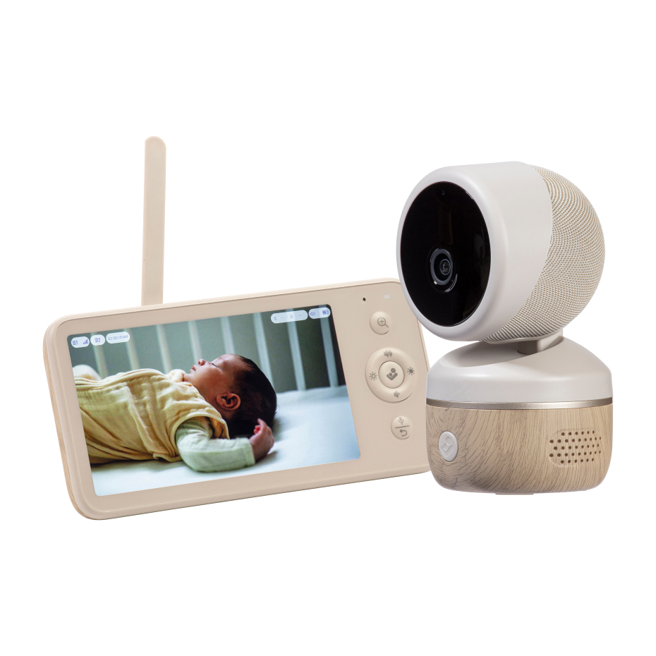 Monitor de bebé com câmara branca e base cor de madeira