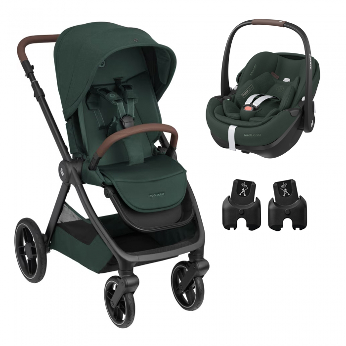 Carrinho de bebé e ovo para automóvel verde escuro com adaptadores pretos