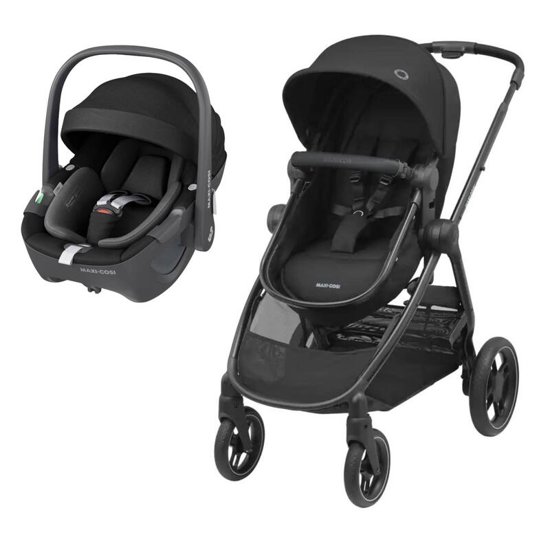 Carrinho de bebé preto e cadeira auto preta