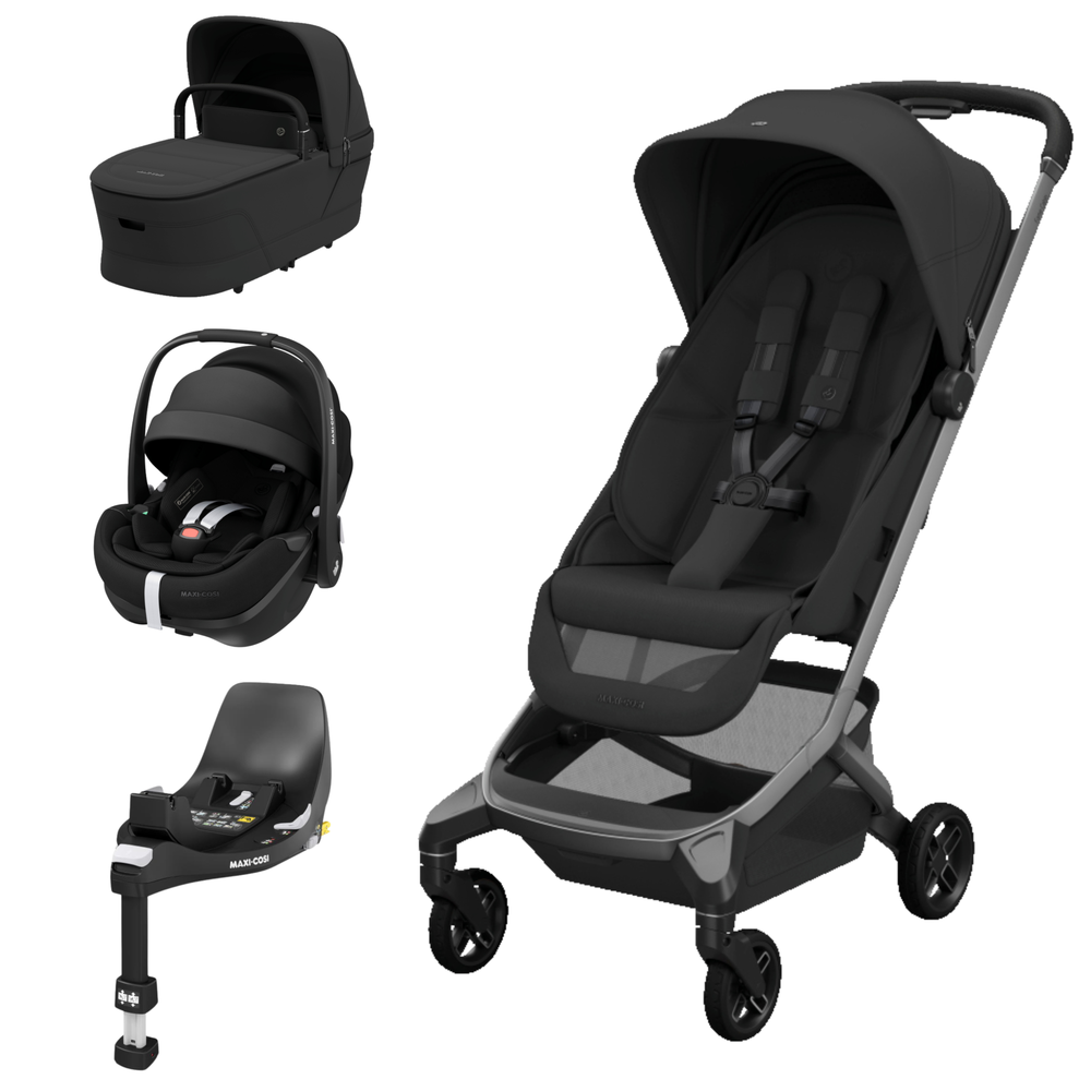 Conjunto preto de carrinho de bebé, cadeira auto, base de cadeira auto e carrinho transporte com texto MAXI-COSI