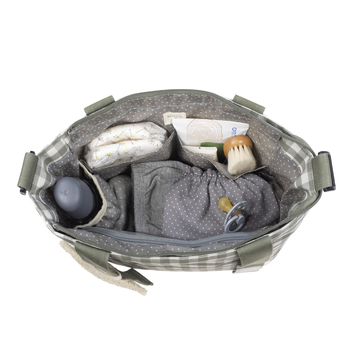 Mala cinzenta com produtos para bebé e acessórios organizados no interior