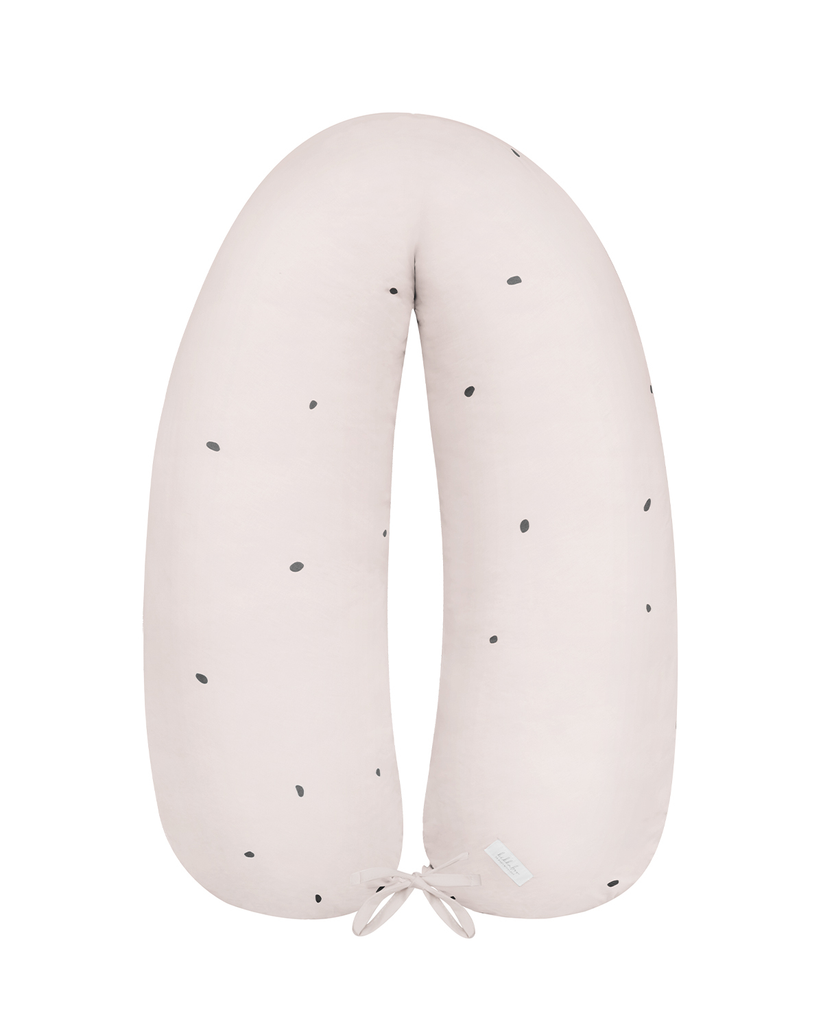 Almofada de gravidez bege claro com padrão de pontos pretos e fita para amarrar