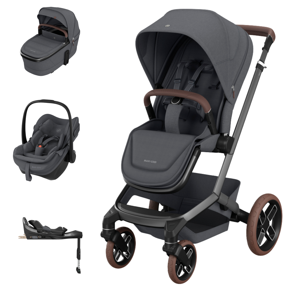 Carrinho de bebé Maxi-Cosi cinza com acessórios associados