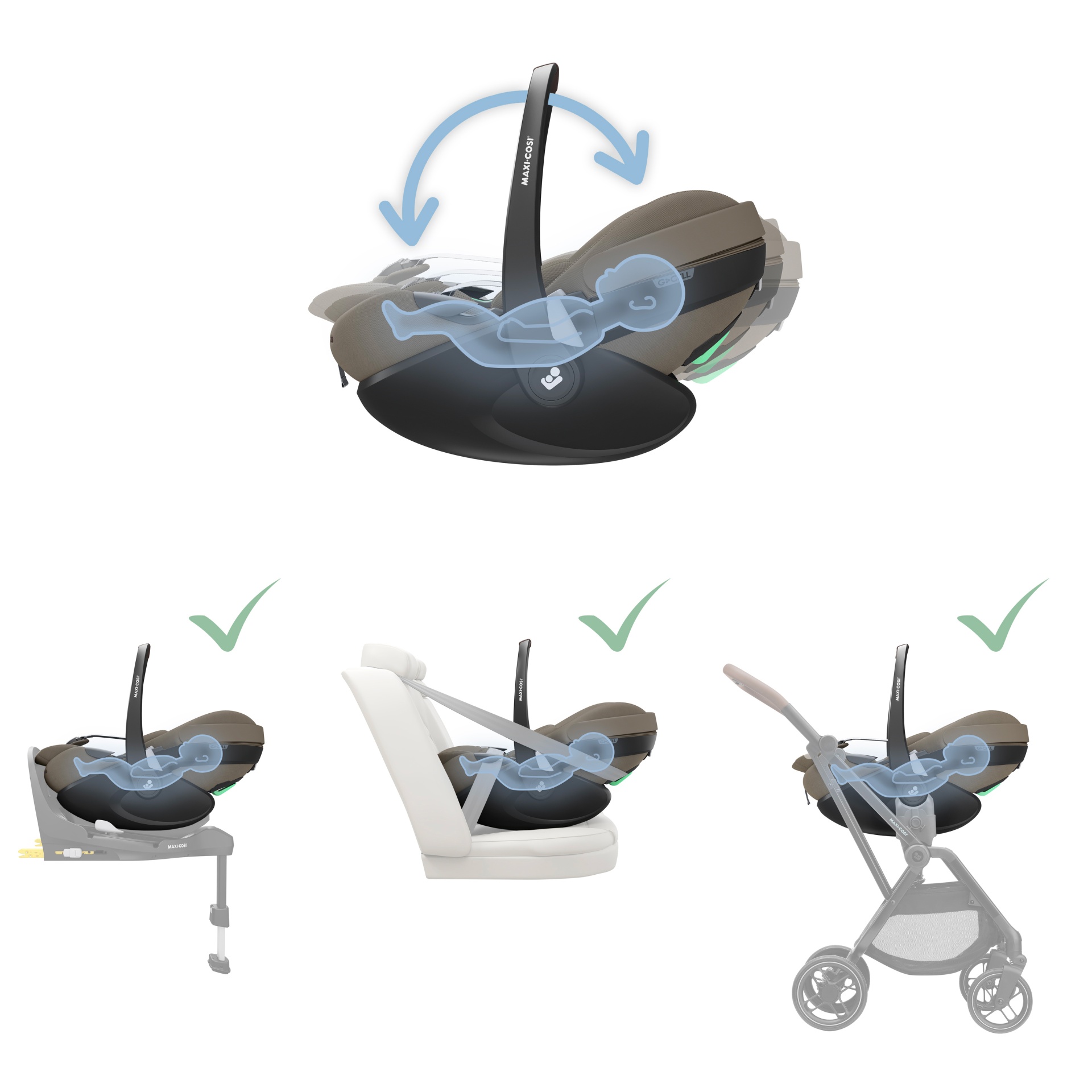 Cadeira auto para bebé em várias posições e contextos
