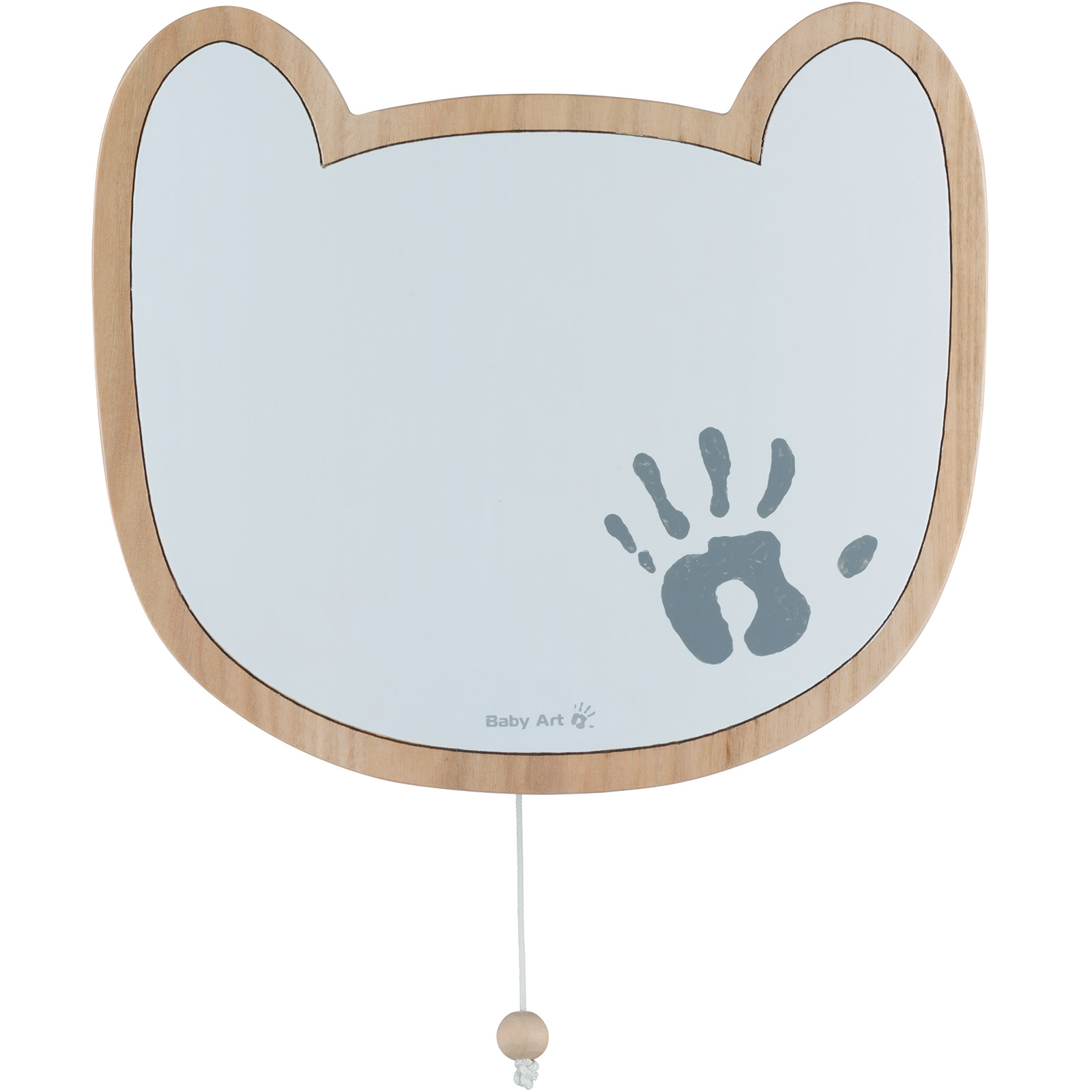 Espelho infantil em forma de rosto de urso com moldura em madeira clara e impressão de mão cinzenta.