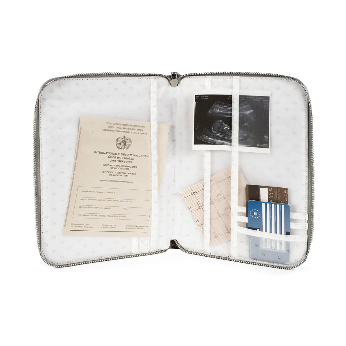 Estojo organizador branco com documentos, ultrassom e cartões