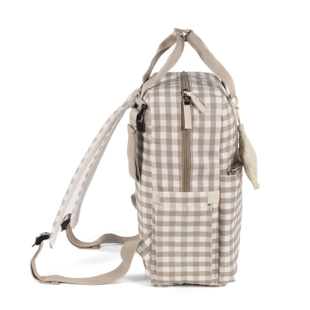 Mochila xadrez bege e branco com alças ajustáveis e bolso exterior