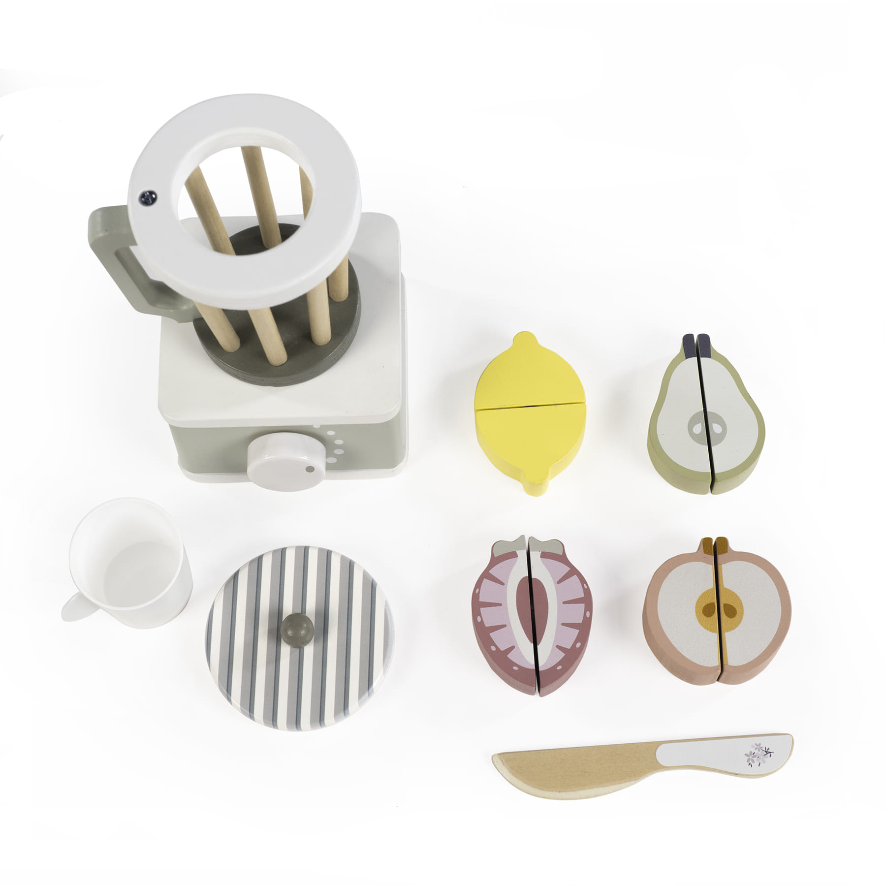 Brinquedo de cozinha infantil com liquidificador e frutas de madeira desmontáveis.