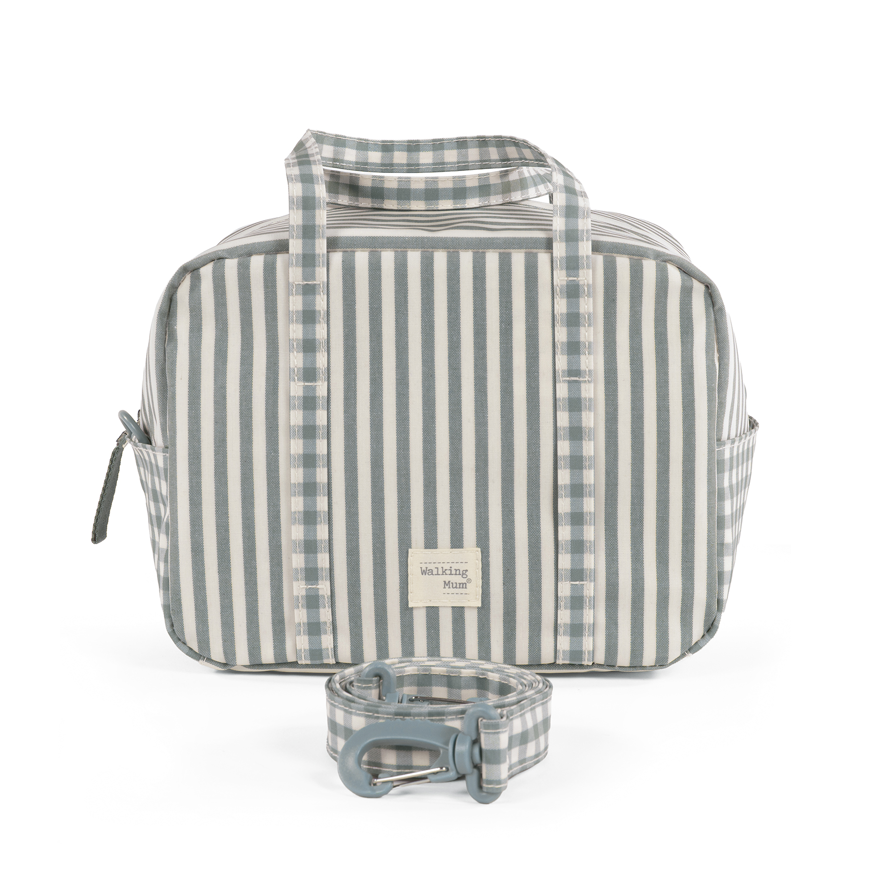 Mochila riscada e xadrez verde água e branco com alças e etiqueta Walking Mum
