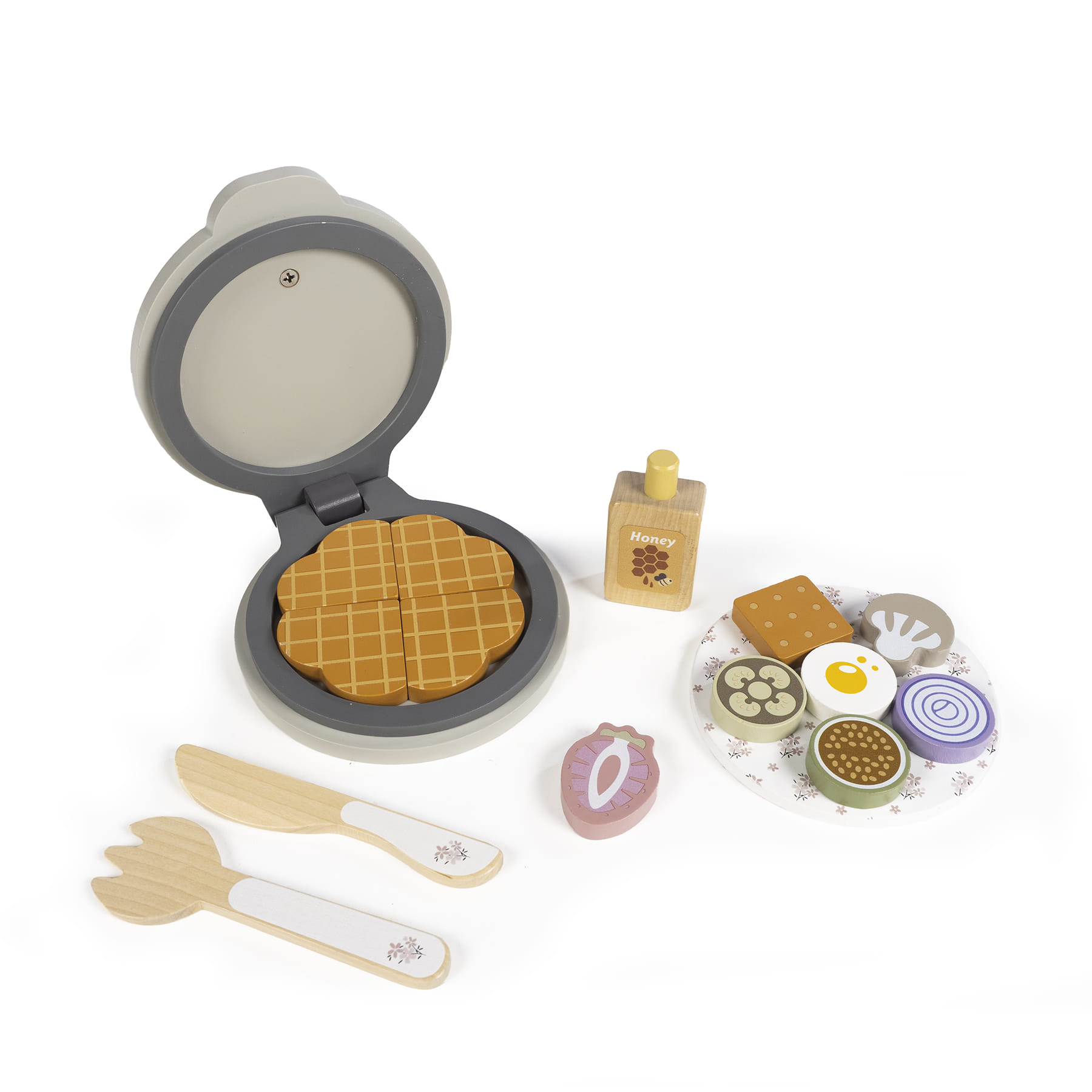 Conjunto de brinquedo com máquina de waffles e acessórios em madeira