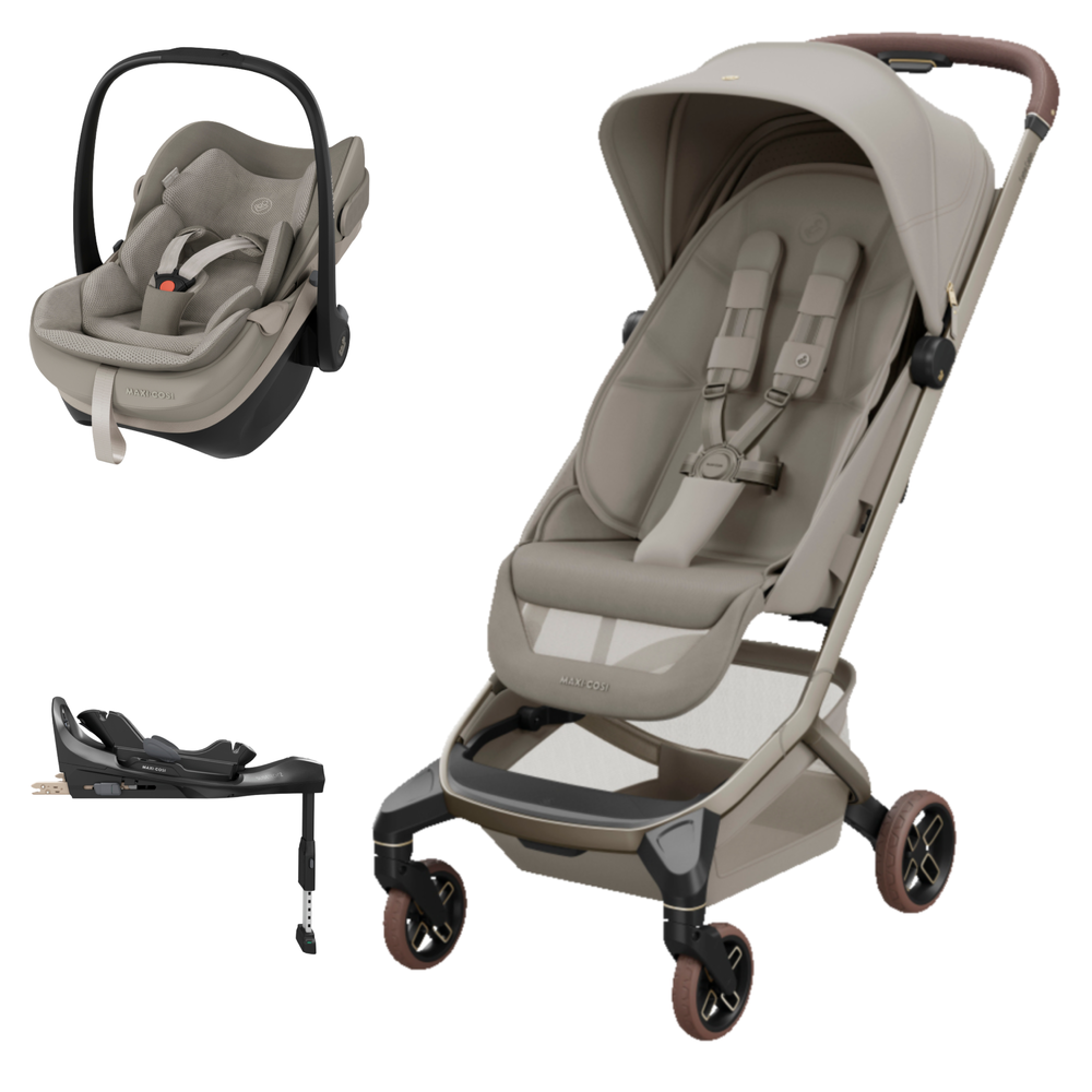 Carrinho de bebé e cadeirinha auto Maxi-Cosi bege com base de instalação