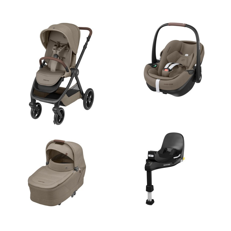Carrinho de bebé, alcofa, cadeira auto bege com estrutura preta