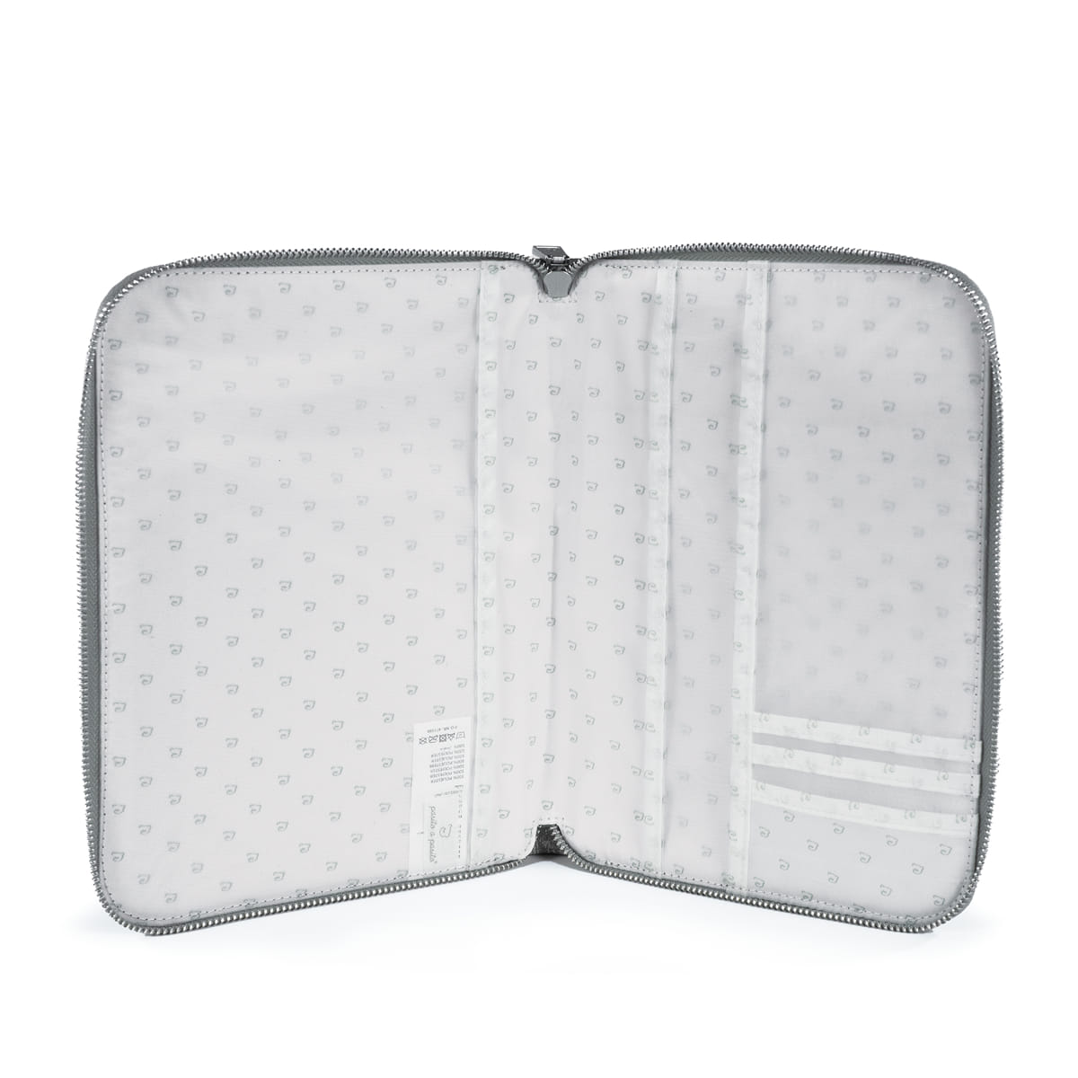 Estojo branco aberto com zíper e pequenos desenhos cinzentos