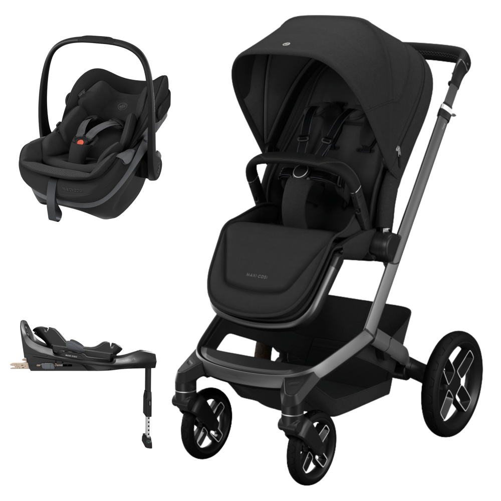 Carrinho de bebé, cadeira auto e base para carro em preto e cinza, marca MAXI-COSI